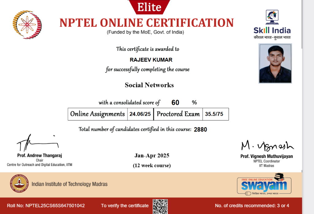 NPTEL Social Networks Certificate